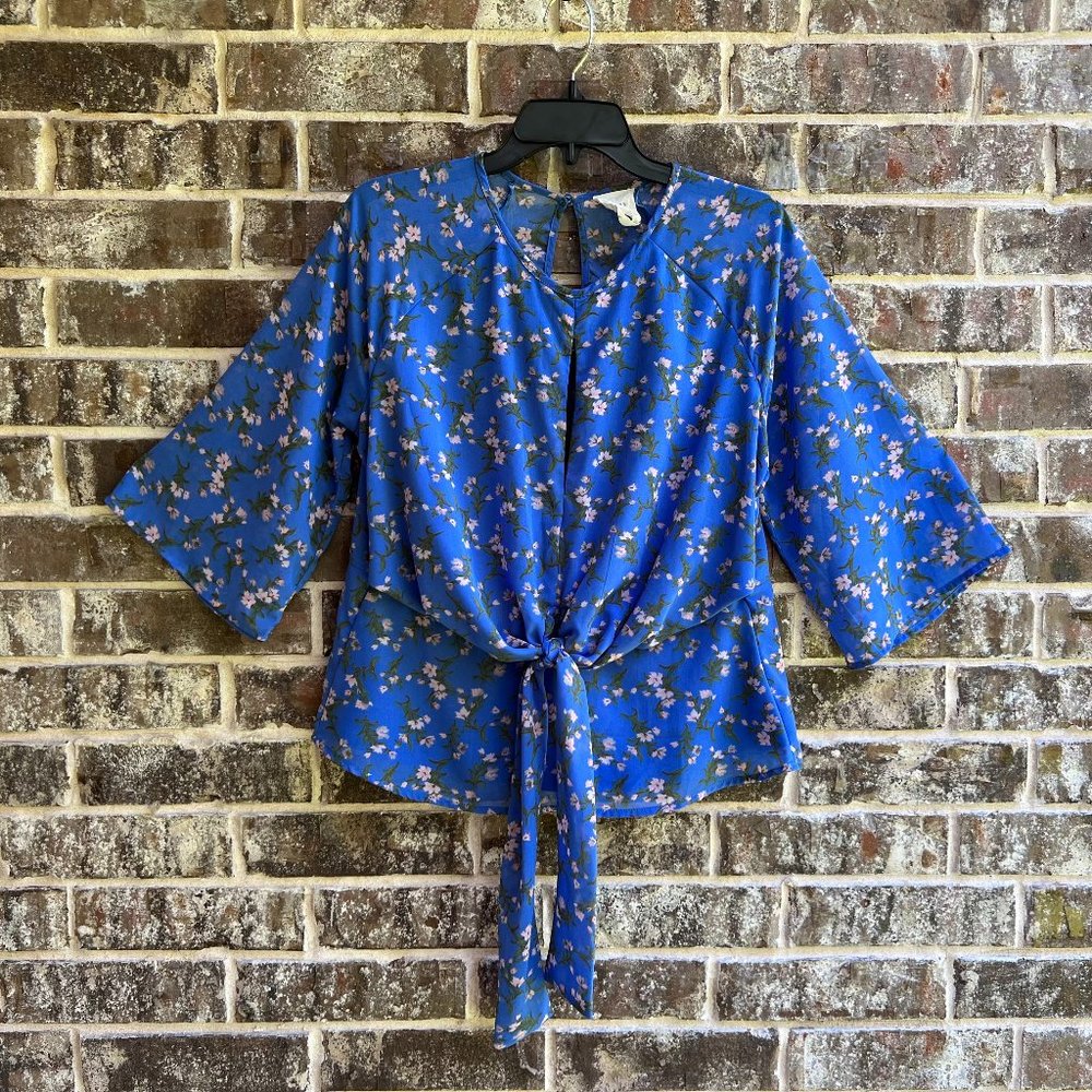 Harper Heritage Women's Top Blouse 3/4 Bell Sleeves Knotted Front Blue Size M